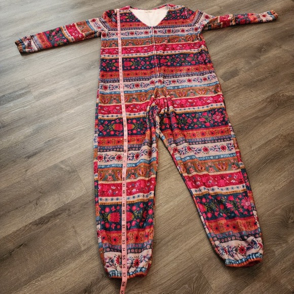 Natural Life Oversized Fleece Boho Patchwork V Neck Jumpsuit Pajamas Medium Cozy - Picture 13 of 14